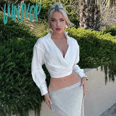 Lunivop Summer White Long Sleeve Slim T-Shirts For Women Fashion Sexy V-Neck Casual Cropped Tops