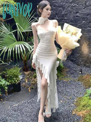 Lunivop Summer White Ruffled France Elegant Dress Women Open Fork Designer Fairy Female Korean