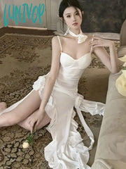 Lunivop Summer White Ruffled France Elegant Dress Women Open Fork Designer Fairy Female Korean