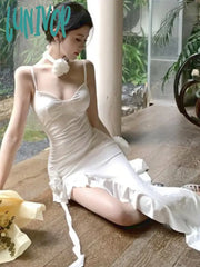 Lunivop Summer White Ruffled France Elegant Dress Women Open Fork Designer Fairy Female Korean