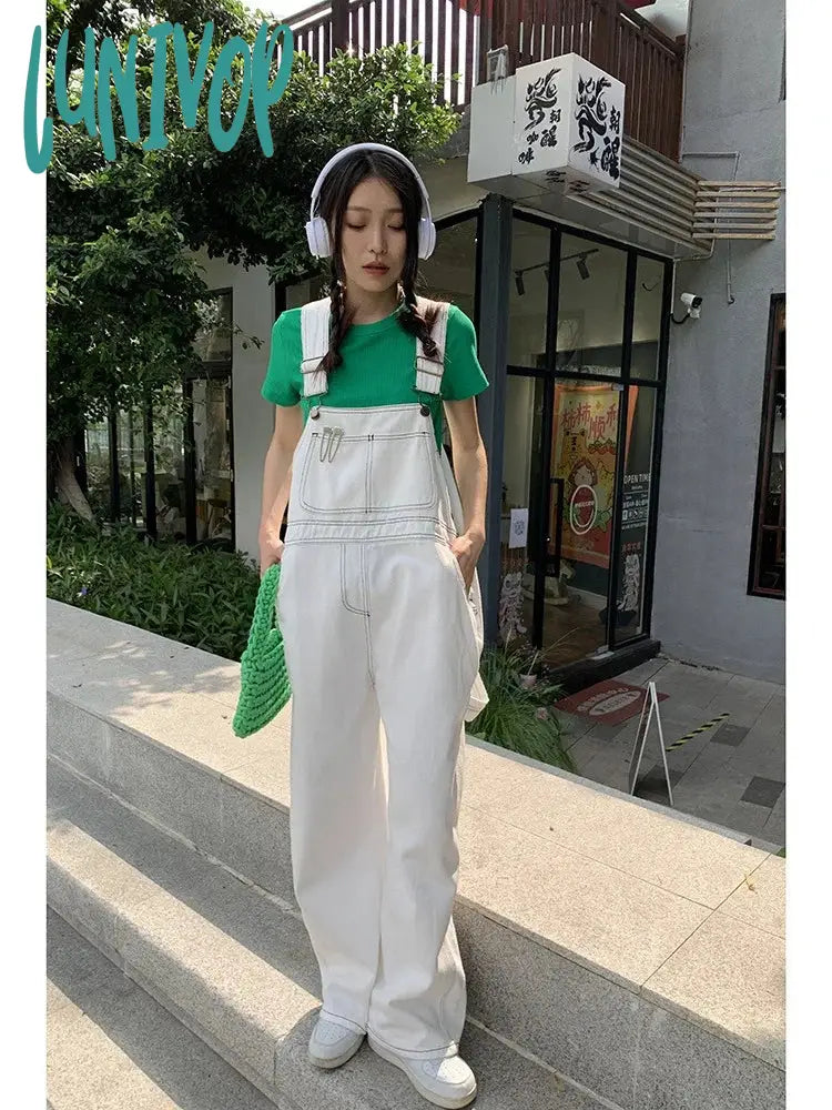 Lunivop Summer White Wear New Ins Niche Loose High Waist Topline Denim Overalls For Women Jumpsuit
