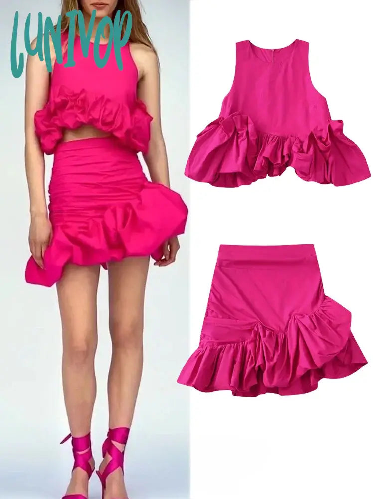 Lunivop Summer Women 2Pcs Solid Color Casual Fashion Puffy Hem Vest Top + Sexy Pleated Skirt Sets