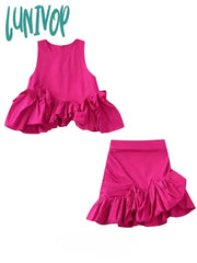 Lunivop Summer Women 2Pcs Solid Color Casual Fashion Puffy Hem Vest Top + Sexy Pleated Skirt Sets