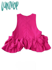 Lunivop Summer Women 2Pcs Solid Color Casual Fashion Puffy Hem Vest Top + Sexy Pleated Skirt Sets