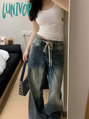 Lunivop Summer Women American Vintage Baggy Unisex Drawstring Denim Pants Y2K Streetwear Bf Jean