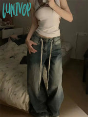 Lunivop Summer Women American Vintage Baggy Unisex Drawstring Denim Pants Y2K Streetwear Bf Jean