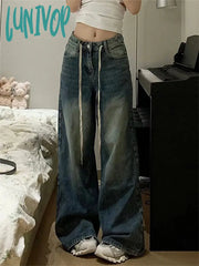 Lunivop Summer Women American Vintage Baggy Unisex Drawstring Denim Pants Y2K Streetwear Bf Jean