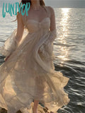 Lunivop Summer Women Beach Long Sundress Suspenders Vintage Backless Ruffles Fairy Dress Elegant