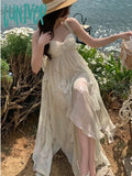 Lunivop Summer Women Beach Long Sundress Suspenders Vintage Backless Ruffles Fairy Dress Elegant