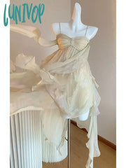 Lunivop Summer Women Beach Long Sundress Suspenders Vintage Backless Ruffles Fairy Dress Elegant