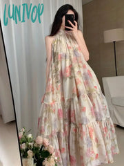 Lunivop Summer Women Elegant Floral Print Maxi Dresses New Fashion Sleeveless Loose Ruffle Y2K