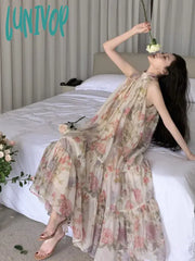 Lunivop Summer Women Elegant Floral Print Maxi Dresses New Fashion Sleeveless Loose Ruffle Y2K