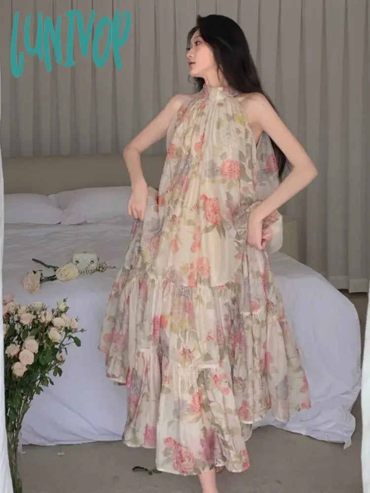Lunivop Summer Women Elegant Floral Print Maxi Dresses New Fashion Sleeveless Loose Ruffle Y2K