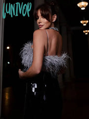 Lunivop Summer Women Elegant Luxury Spaghetti Feather Top + Skirt Two Piece Off Shoulder Sequin