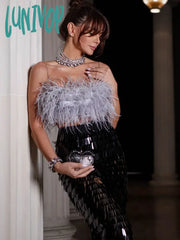 Lunivop Summer Women Elegant Luxury Spaghetti Feather Top + Skirt Two Piece Off Shoulder Sequin