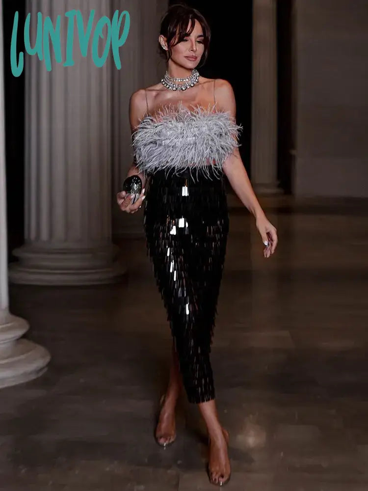 Lunivop Summer Women Elegant Luxury Spaghetti Feather Top + Skirt Two Piece Off Shoulder Sequin