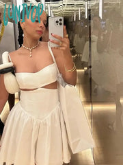 Lunivop Summer Women Hollow Out Spaghetti Strap Dress Mini Lovely White A Line Party Dresses Casual