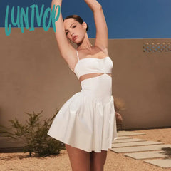 Lunivop Summer Women Hollow Out Spaghetti Strap Dress Mini Lovely White A Line Party Dresses Casual