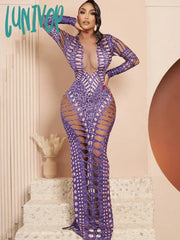 Lunivop Summer Women Long Sleeve Mesh Purple Cut Out Maxi Dress Birthday Party Costume Bar