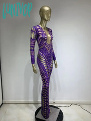 Lunivop Summer Women Long Sleeve Mesh Purple Cut Out Maxi Dress Birthday Party Costume Bar
