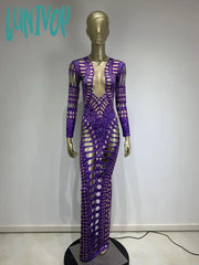 Lunivop Summer Women Long Sleeve Mesh Purple Cut Out Maxi Dress Birthday Party Costume Bar