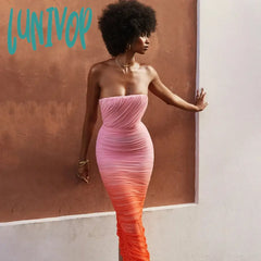 Lunivop Summer Women Maxi Formal Occasion Dress Elegant Strapless Tye Dye Slim Birthday Party