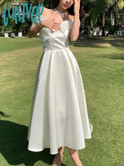 Lunivop Summer Women New Elegant Wedding White Dress Vintage A-Line Casual Midi Party Prom Vestidos