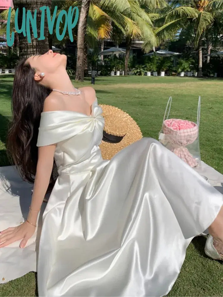 Lunivop Summer Women New Elegant Wedding White Dress Vintage A-Line Casual Midi Party Prom Vestidos