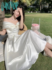 Lunivop Summer Women New Elegant Wedding White Dress Vintage A-Line Casual Midi Party Prom Vestidos