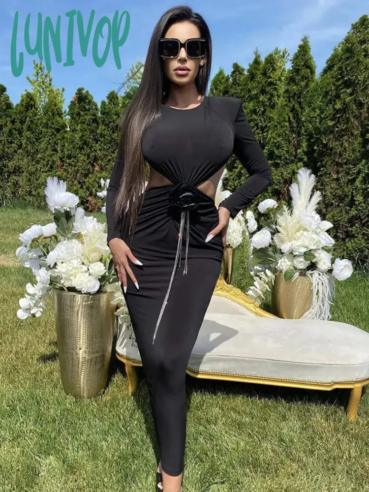 Lunivop Summer Women Sexy Mesh Ruched Flower Black Backless Maxi Long Bodycon Dress Elegant