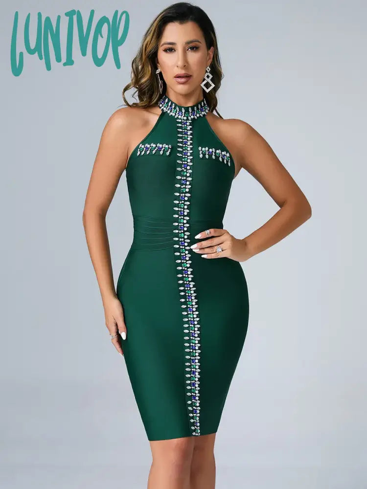 Lunivop Summer Women Sexy Tank Blue Green Black Crystal Diamonds Mini Bodycon Bandage Dress Elegant