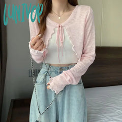 Lunivop Summer Women Thin Sunscreen Cardigan Lace-Up Knitwear Tops Female Korean Style Lantern