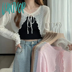 Lunivop Summer Women Thin Sunscreen Cardigan Lace-Up Knitwear Tops Female Korean Style Lantern