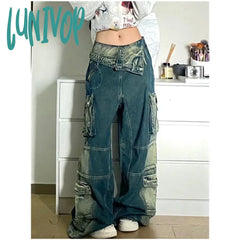 Lunivop Summer Womens Jeans High Waist Baggy Casual Vintage Y2K Flanging Design Straight Pants