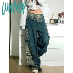 Lunivop Summer Womens Jeans High Waist Baggy Casual Vintage Y2K Flanging Design Straight Pants