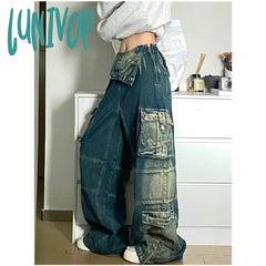 Lunivop Summer Womens Jeans High Waist Baggy Casual Vintage Y2K Flanging Design Straight Pants