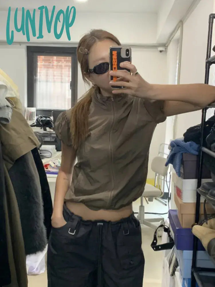 Lunivop Sun Protection Solid Thin Chic Jackets Summer Vintage Slim Stand Neck Coat Casual Zipper