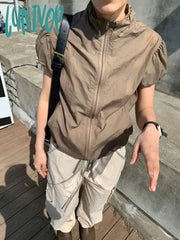 Lunivop Sun Protection Solid Thin Chic Jackets Summer Vintage Slim Stand Neck Coat Casual Zipper