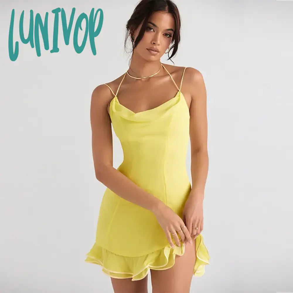 Lunivop Suninheart Summer Party Dress Yellow Mini Halter Chiffon Casual Bottom Hem Dresses For Women