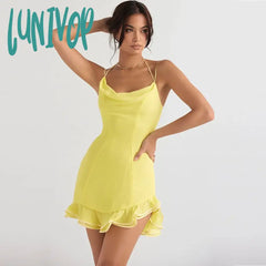 Lunivop Suninheart Summer Party Dress Yellow Mini Halter Chiffon Casual Bottom Hem Dresses For Women