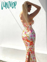 Lunivop Suninheart Summer Spaghetti Strap Floral Print Party Dresses Elegant Maxi Bodycon Wedding