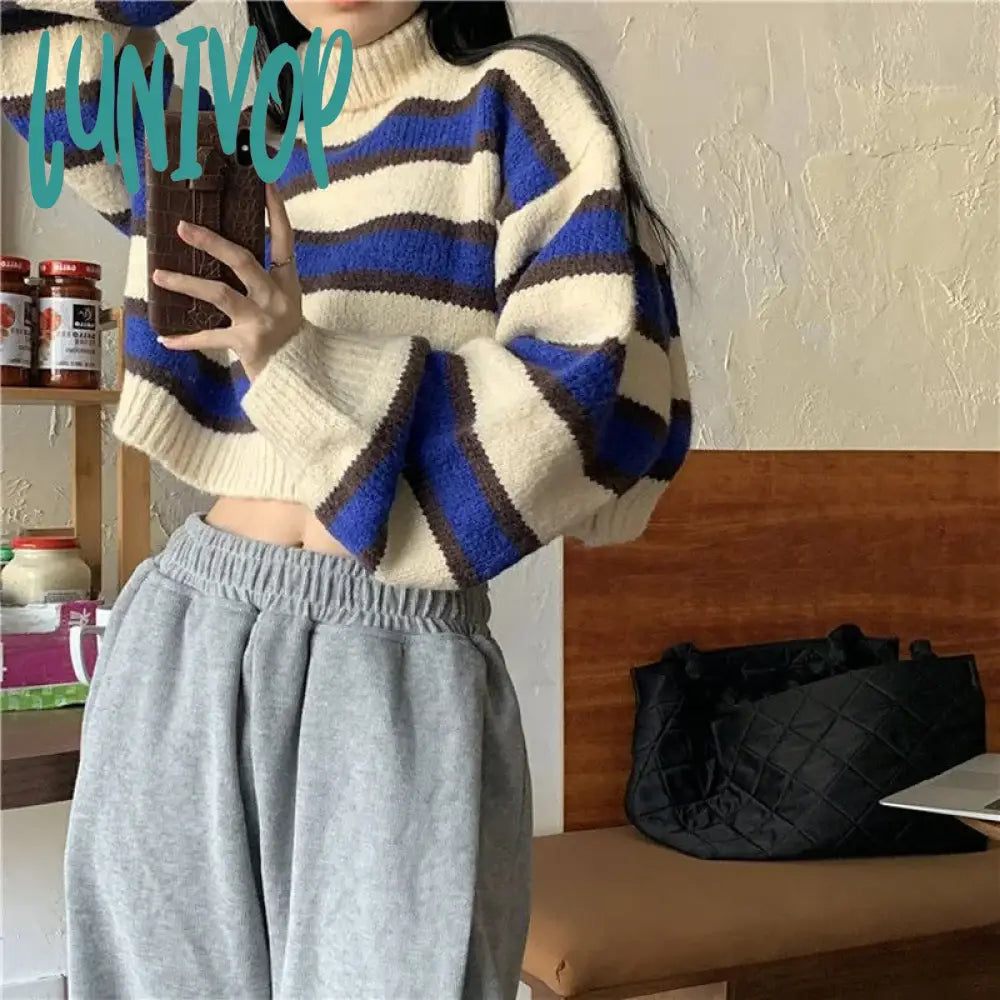 Lunivop Sweater Women Sexy Cropped Turtleneck Striped Pullovers Streetwear Korean Loose Long Sleeve