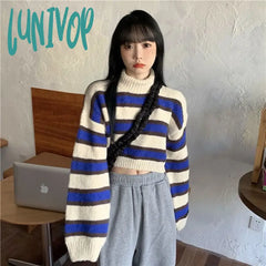 Lunivop Sweater Women Sexy Cropped Turtleneck Striped Pullovers Streetwear Korean Loose Long Sleeve