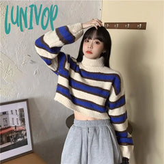 Lunivop Sweater Women Sexy Cropped Turtleneck Striped Pullovers Streetwear Korean Loose Long Sleeve