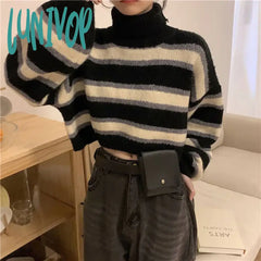 Lunivop Sweater Women Sexy Cropped Turtleneck Striped Pullovers Streetwear Korean Loose Long Sleeve