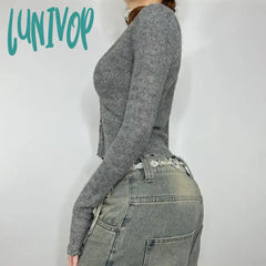 Lunivop Sweaters Y2K Crop Top Women Solid Color V Neck Single Breasted Long Sleeve Knitted Clothes