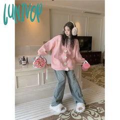Lunivop Sweet 3D Flowers Knitted Cardigan Women Kawaii Bow V Neck Sweater Coat Korean Cute