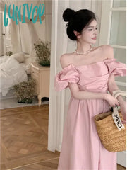 Lunivop Sweet Backless Bow Puff Sleeve Midi Dress Women Summer New Pink Bandage Fashion Elegant