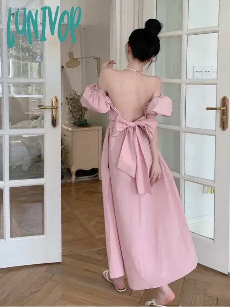 Lunivop Sweet Backless Bow Puff Sleeve Midi Dress Women Summer New Pink Bandage Fashion Elegant