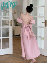 Lunivop Sweet Backless Bow Puff Sleeve Midi Dress Women Summer New Pink Bandage Fashion Elegant